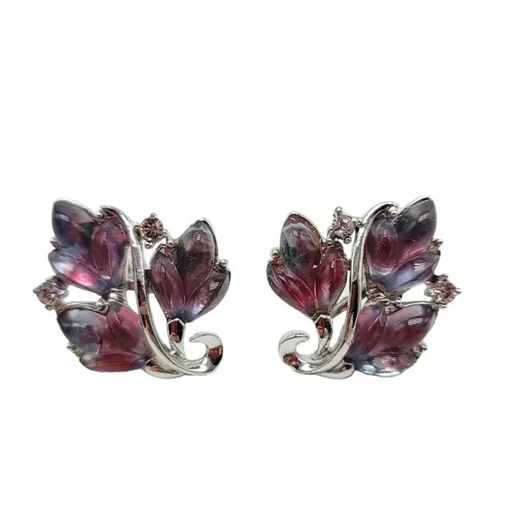 Coro Pink Purple Molded Glass Flower Leaf Silver Tone Screw Back Clip Earrings - Picture 1 of 6